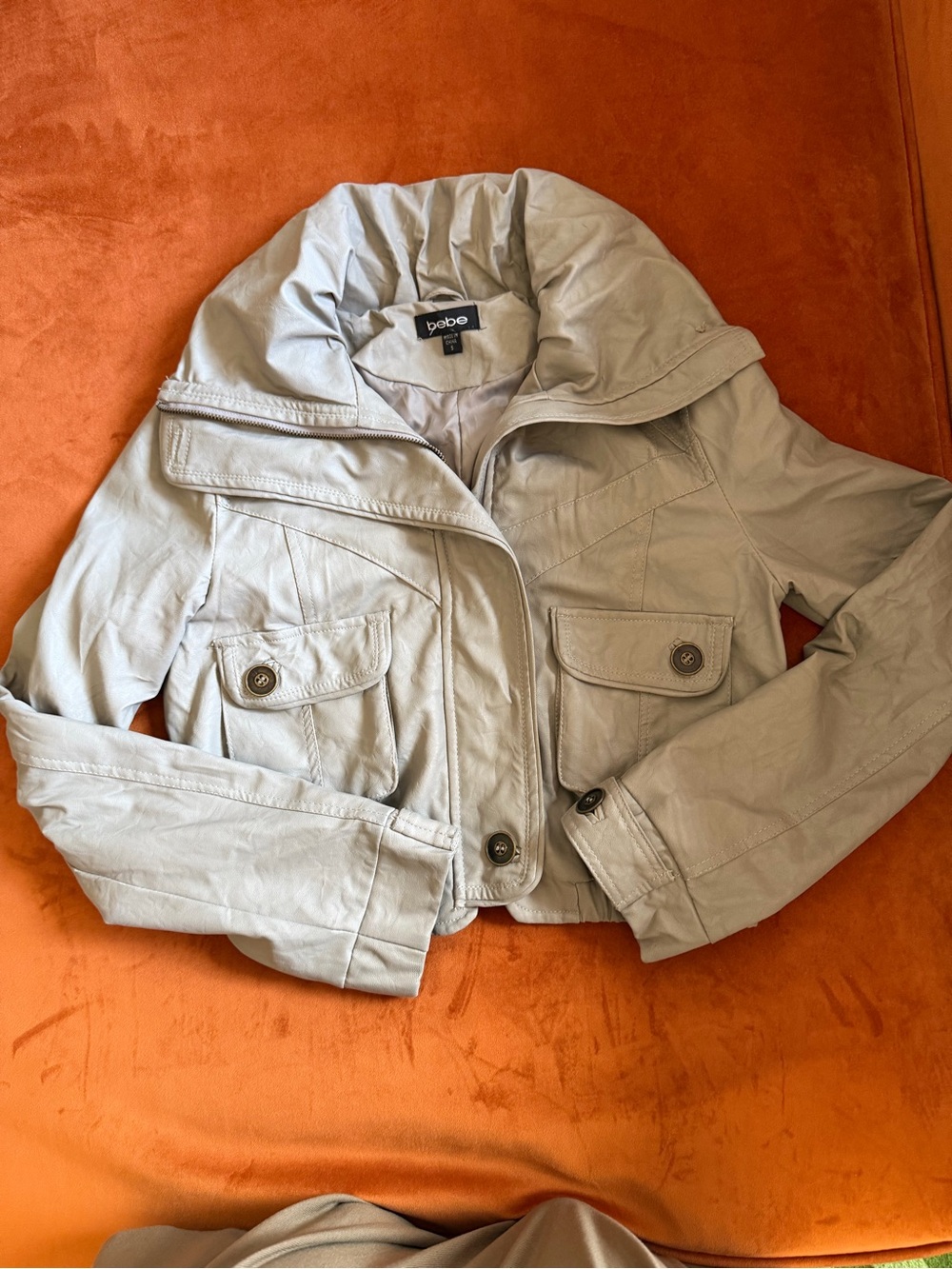 bebe Cropped Light Gray Utility Jacket with Funnel Collar